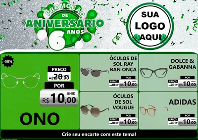 Modelo de Encarte para Encarte A4 Horizontal com o tema Promoção de Aniversário - 6 Anos para Óticas