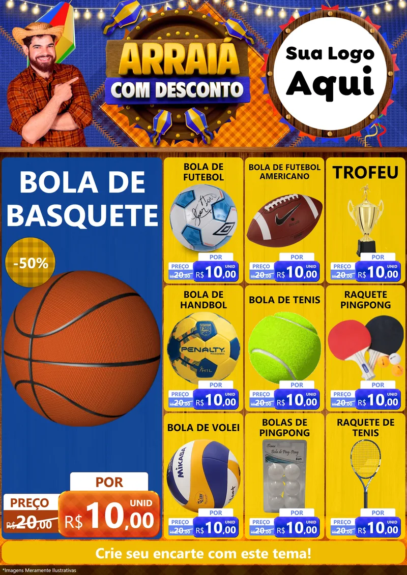 Modelo de Encarte para Encarte A4 Vertical com o tema Arraiá Com Desconto para Artigos Esportivos