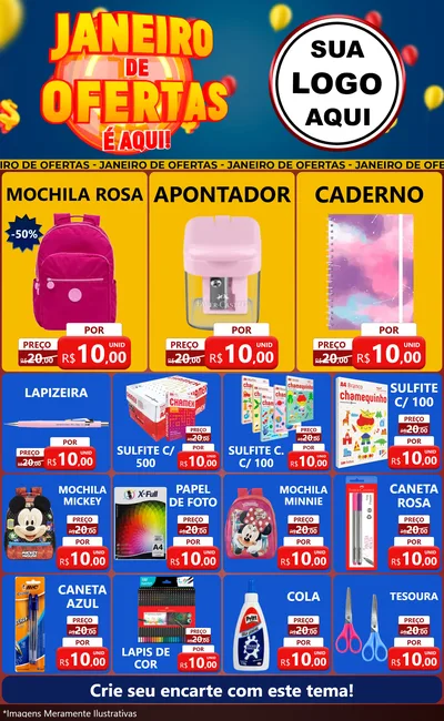 Modelo de Encarte para Encarte Grande com o tema Janeiro de Ofertas É Aqui! para Papelaria