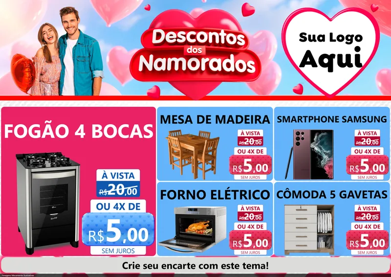 Modelo de Encarte para Encarte A4 Horizontal com o tema Descontos dos Namorados para Móveis e Eletro