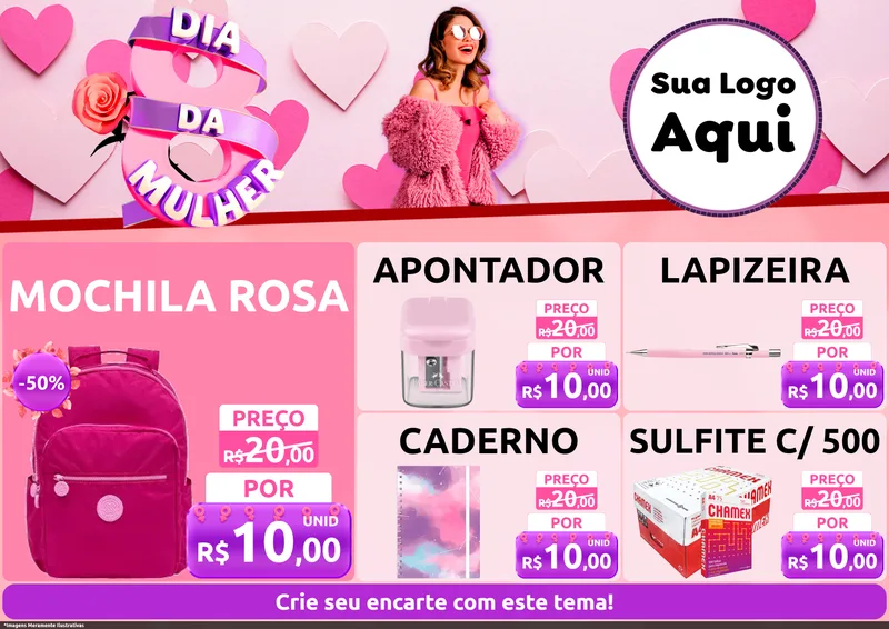 Modelo de Encarte para Encarte A4 Horizontal com o tema Dia da Mulher para Papelaria