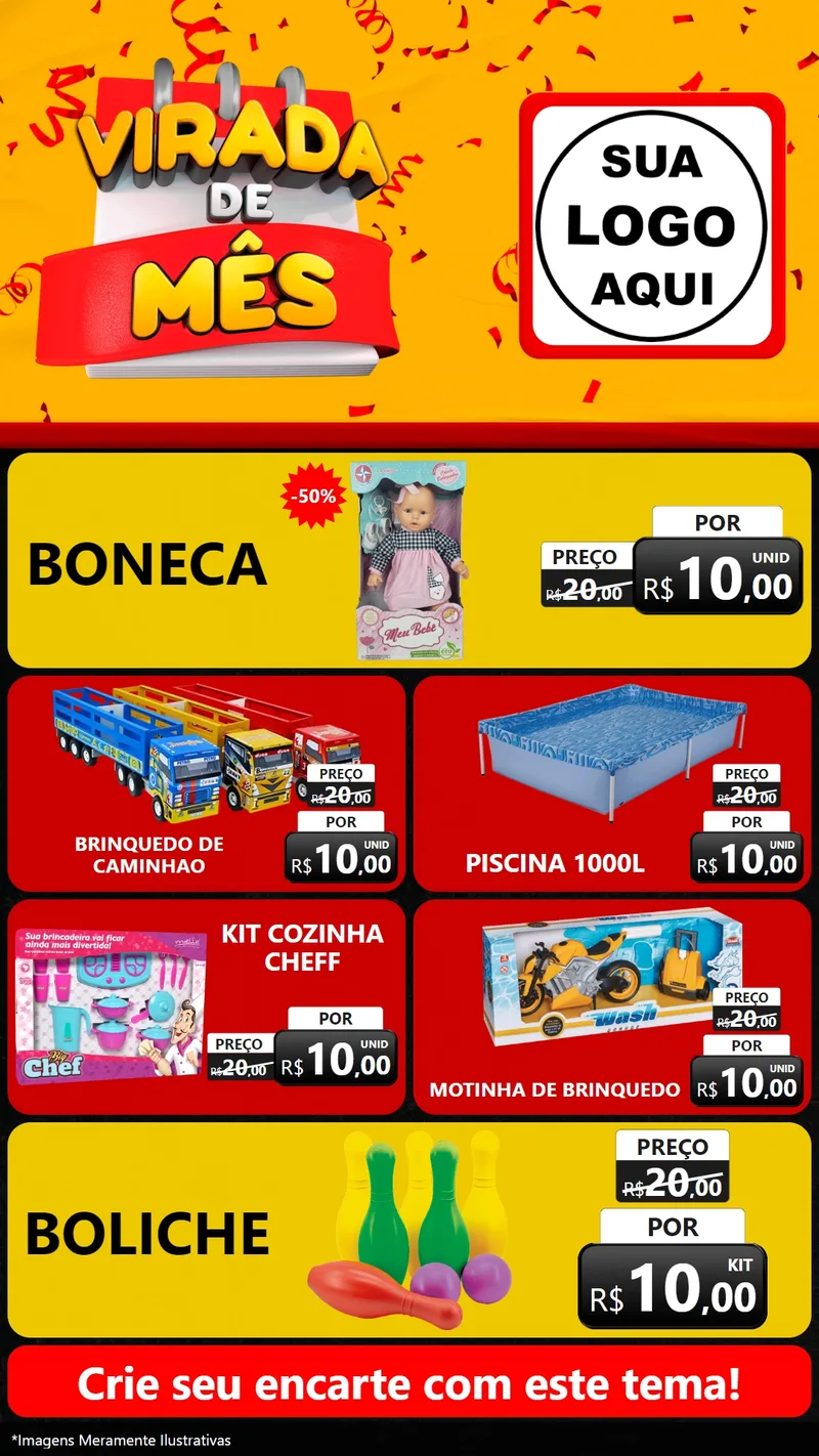 Modelo de TV para TV Vertical com o tema Virada de Mês para Brinquedos
