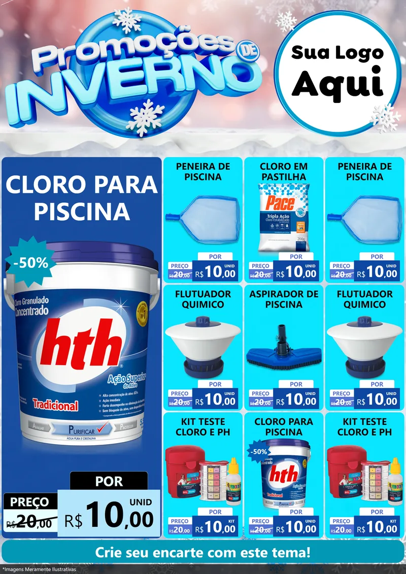 Modelo de Encarte para Encarte A4 Vertical com o tema Promoções de Inverno para Produtos para Piscina