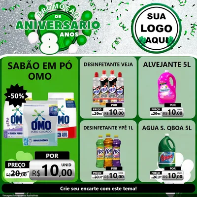 Modelo de Rede Social para Feed Facebook com o tema Promoção de Aniversário - 8 Anos para Produtos de Limpeza
