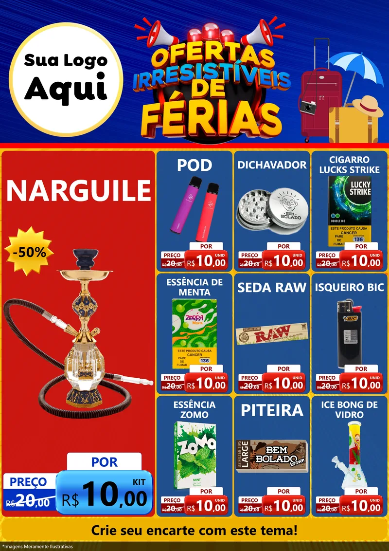 Modelo de Encarte para Encarte A4 Vertical com o tema Ofertas Irresistíveis de Férias para Tabacaria