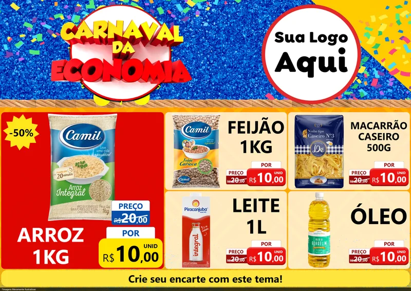 Modelo de Encarte para Encarte A4 Horizontal com o tema Carnaval da Economia para Supermercado