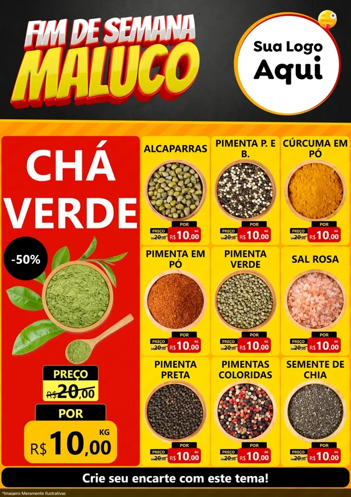 Modelo de Encarte para Encarte A4 Vertical com o tema Final de Semana Maluco para Produtos Naturais