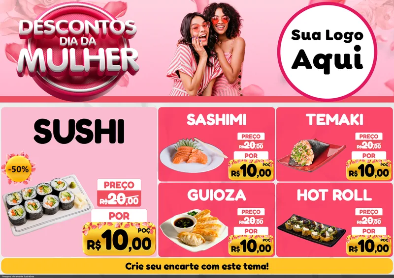 Modelo de Encarte para Encarte A4 Horizontal com o tema Descontos Dia da Mulher para Comida japonesa