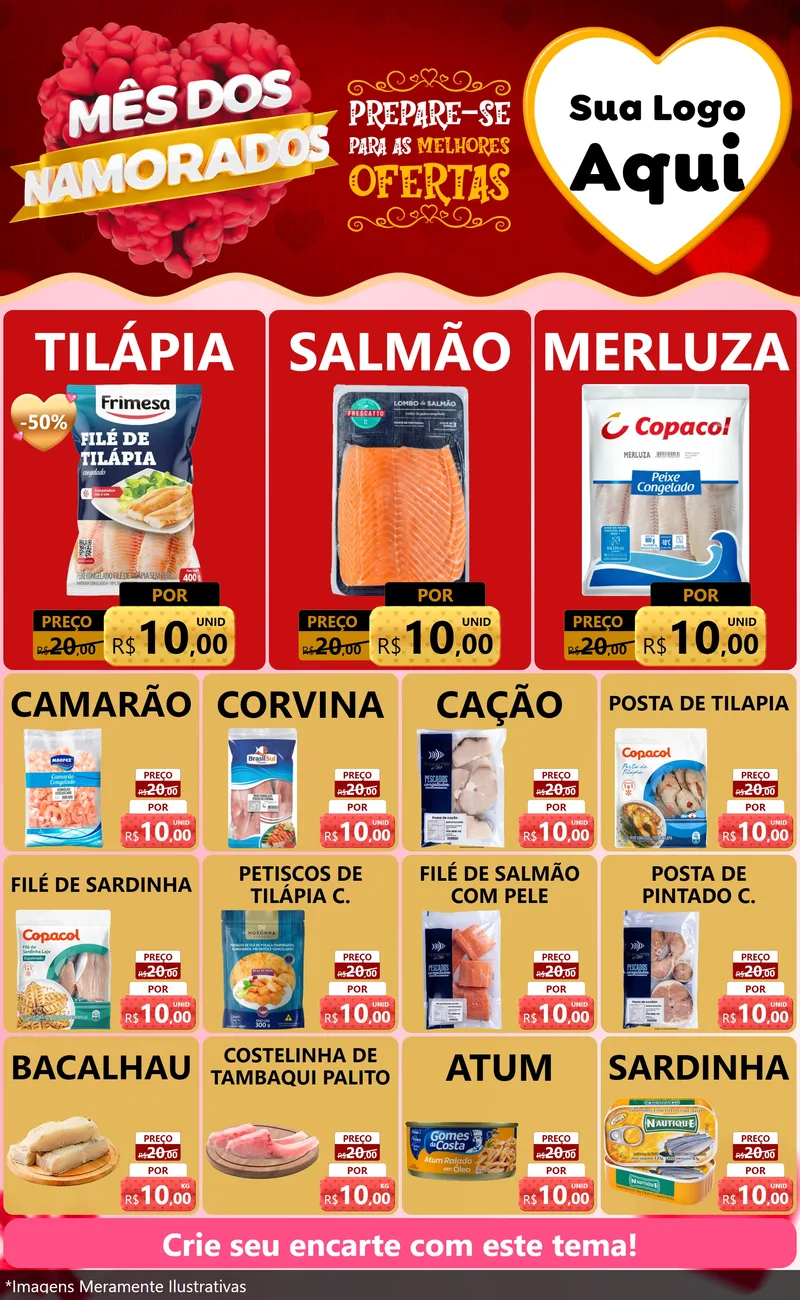 Modelo de Encarte para Encarte Grande com o tema Mês dos Namorados para Peixaria