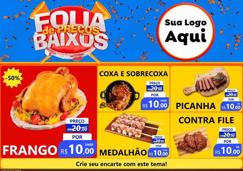Modelo de Encarte para Encarte A4 Horizontal com o tema Folia de Preços Baixos para Assados