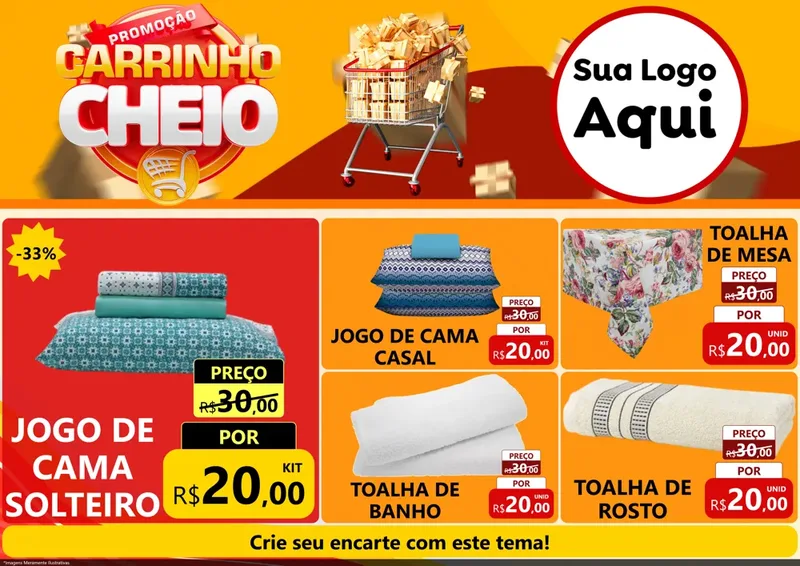 Modelo de Encarte para Encarte A4 Horizontal com o tema Promoção carrinho cheio para Cama, Mesa e Banho