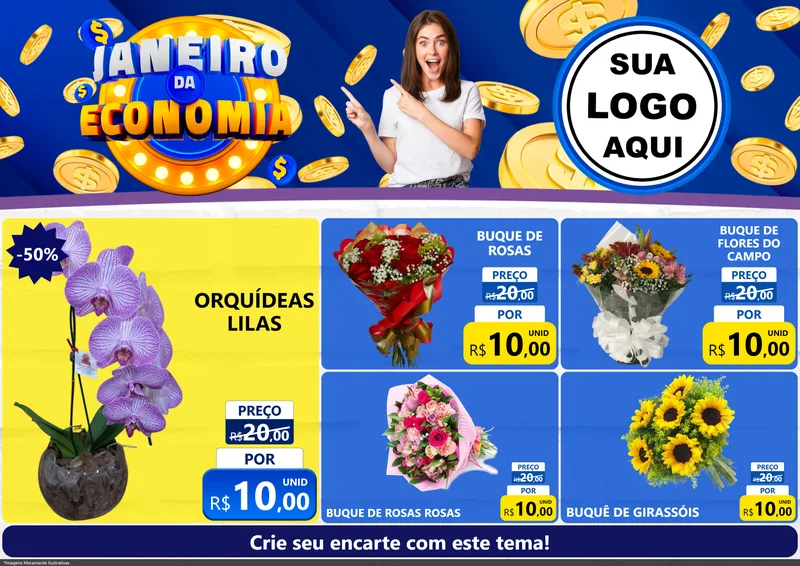Modelo de Encarte para Encarte A4 Horizontal com o tema Janeiro da Economia para Floricultura e jardim