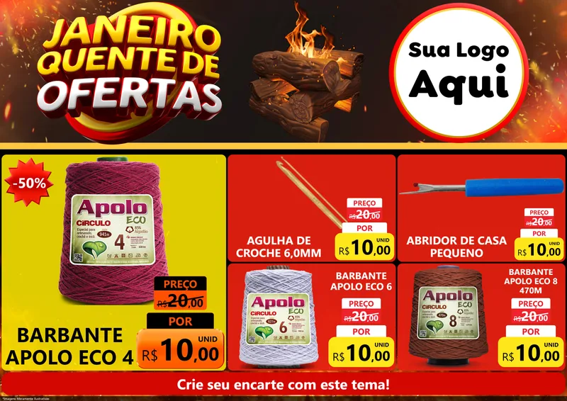 Modelo de Encarte para Encarte A4 Horizontal com o tema Janeiro Quente de Ofertas para Armarinho e Aviamentos