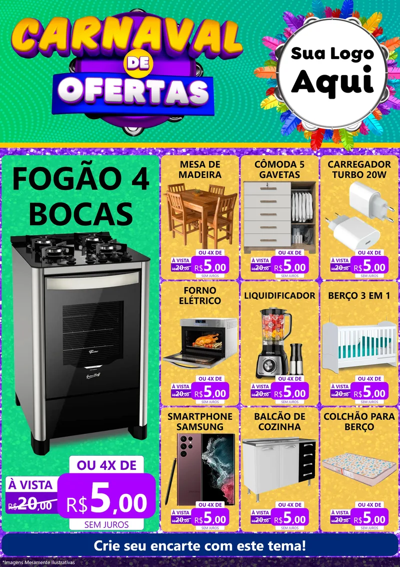 Modelo de Encarte para Encarte A4 Vertical com o tema Carnaval de Ofertas para Móveis e Eletro