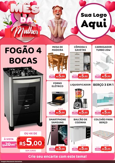 Modelo de Encarte para Encarte A4 Vertical com o tema Mês da Mulher para Móveis e Eletro