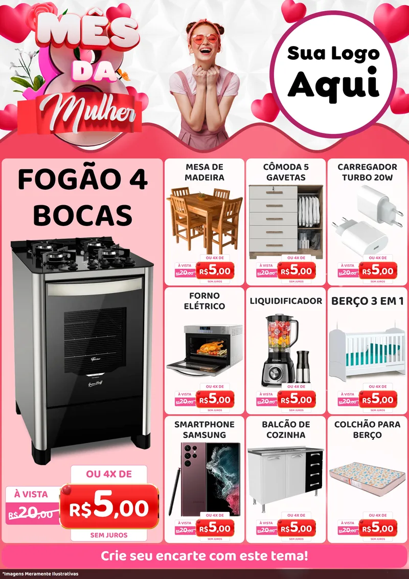 Modelo de Encarte para Encarte A4 Vertical com o tema Mês da Mulher para Móveis e Eletro
