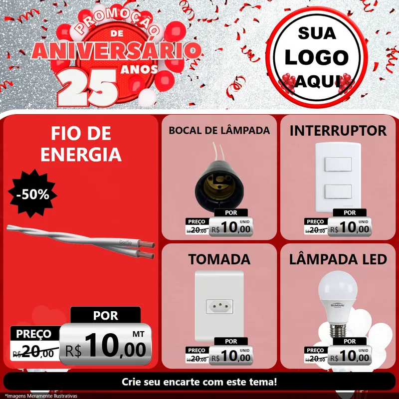 Modelo de Rede Social para Feed Facebook com o tema Promoção de Aniversário - 25Anos para Materiais Elétricos