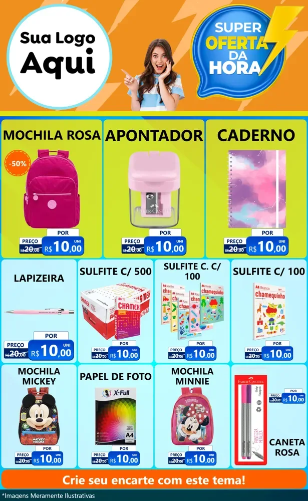 Modelo de Encarte para Encarte Grande com o tema Super Oferta da Hora para Papelaria