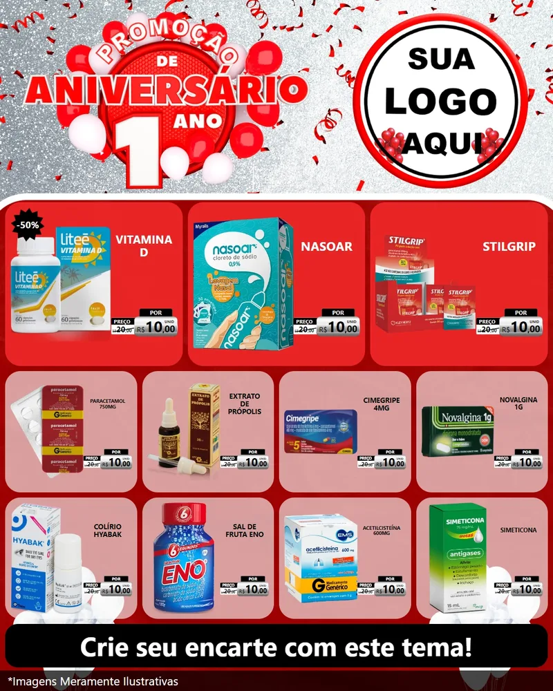 Modelo de Rede Social para Feed Instagram com o tema Promoção de Aniversário - 1 Ano para Farmácia