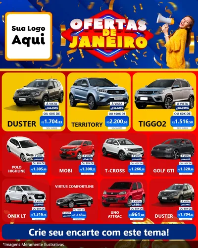 Modelo de Rede Social para Feed Instagram com o tema Ofertas de Janeiro para Concessionaria de Carros