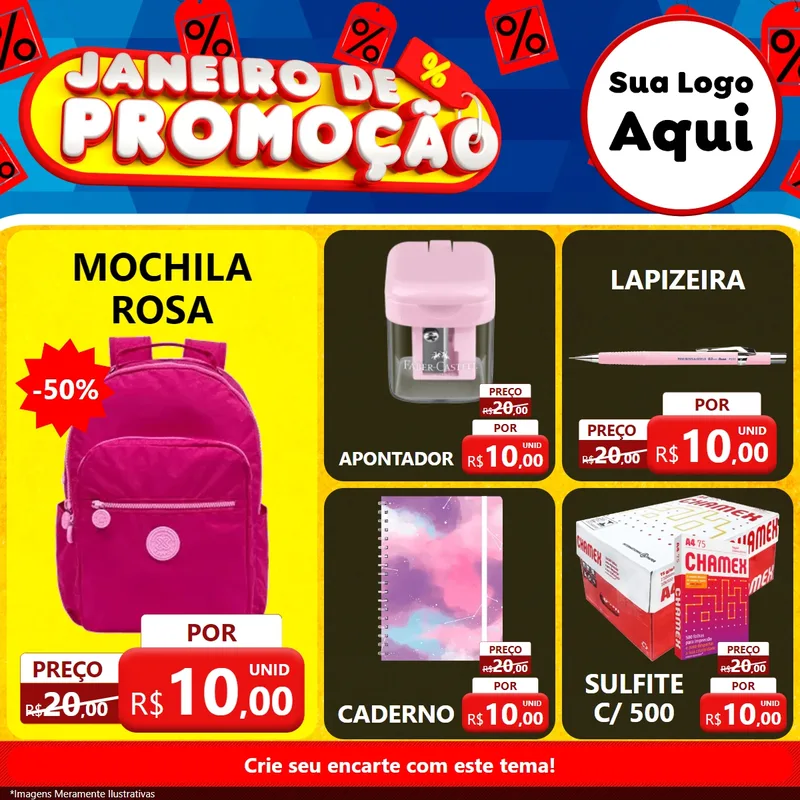 Modelo de Rede Social para Feed Facebook com o tema Janeiro de Promoção para Papelaria