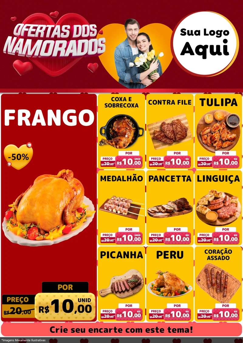 Modelo de Encarte para Encarte A4 Vertical com o tema Ofertas Dos Namorados para Assados