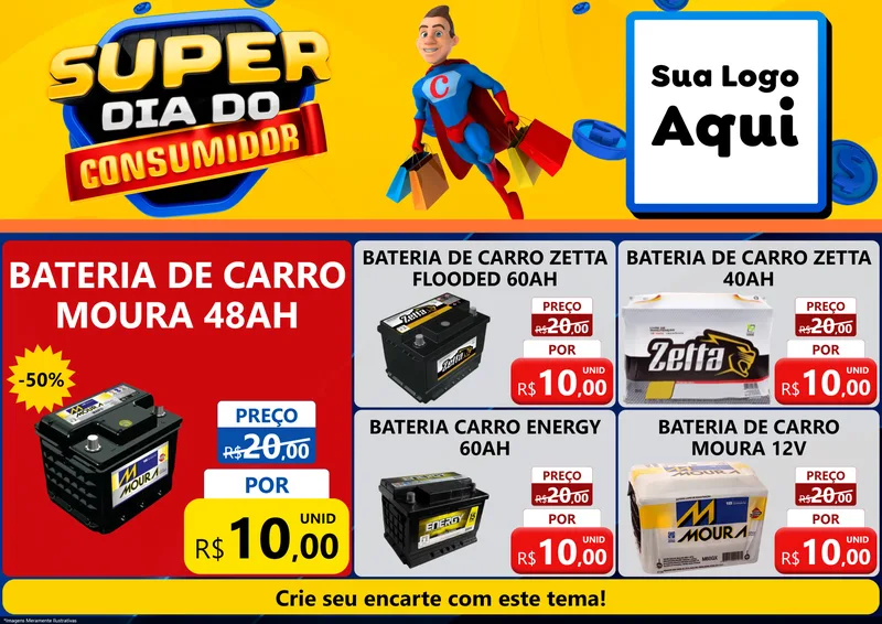 Modelo de Encarte para Encarte A4 Horizontal com o tema Super Dia do Consumidor para Baterias Elétricas