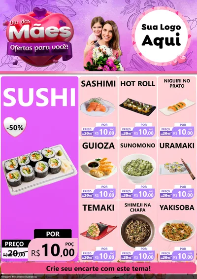 Modelo de Encarte para Encarte A4 Vertical com o tema Dia das Mães Ofertas para Você! para Comida japonesa
