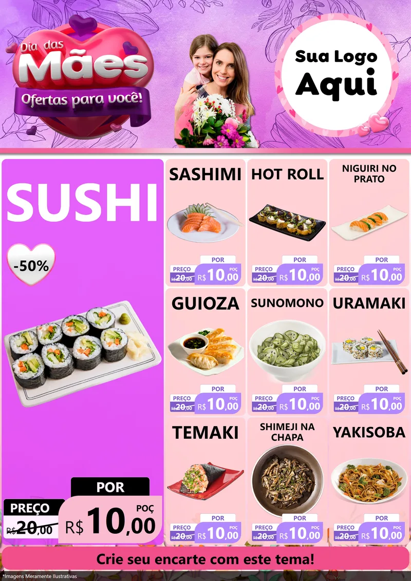 Modelo de Encarte para Encarte A4 Vertical com o tema Dia das Mães Ofertas para Você! para Comida japonesa