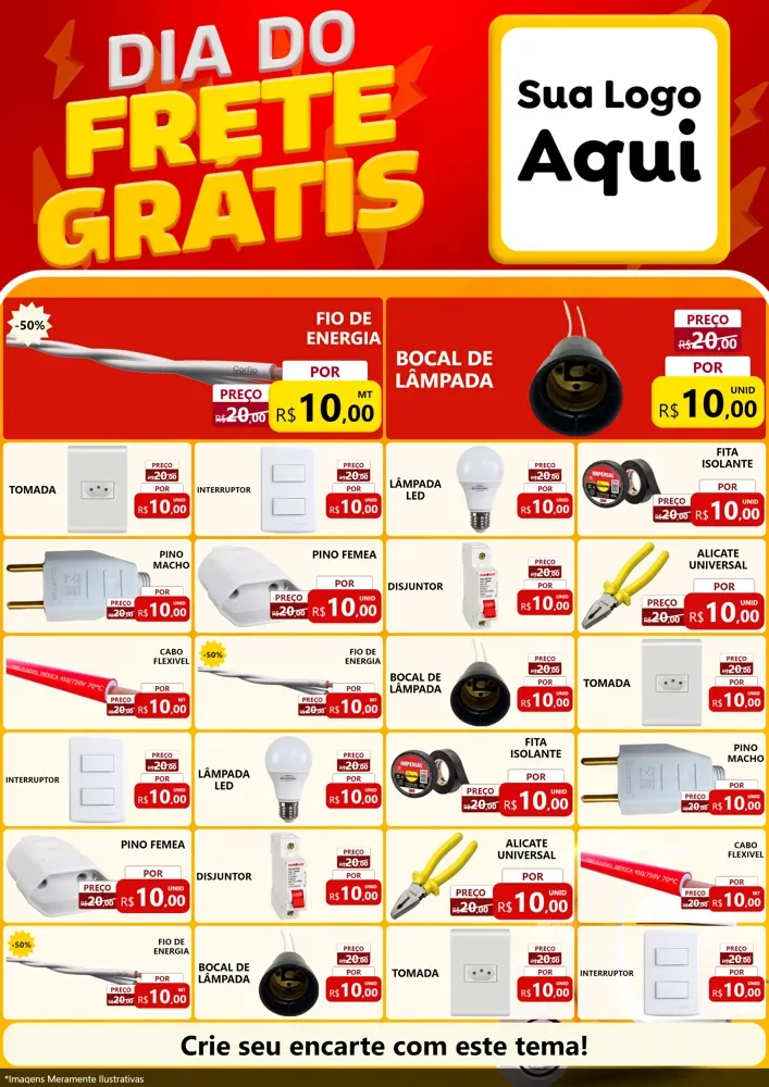 Modelo de Encarte para Encarte A4 Vertical com o tema Dia do Frete Grátis para Materiais Elétricos