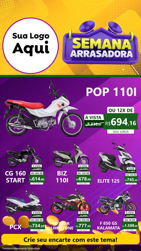 Modelo de Rede Social para Stories com o tema Semana Arrasadora para Concessionaria de Motos