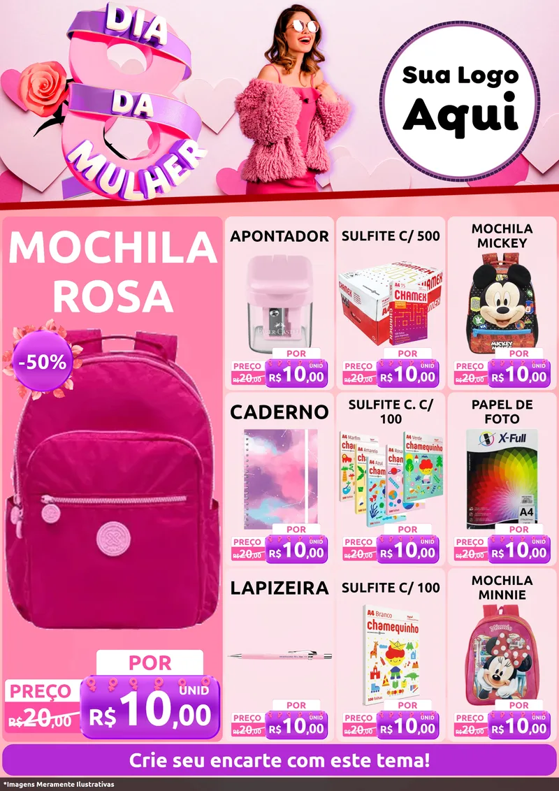 Modelo de Encarte para Encarte A4 Vertical com o tema Dia da Mulher para Papelaria