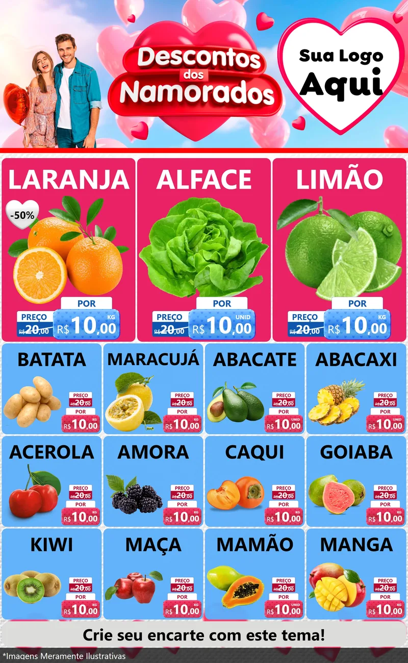 Modelo de Encarte para Encarte Grande com o tema Descontos dos Namorados para Hortifrúti
