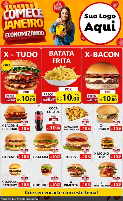 Modelo de Encarte para Encarte Grande com o tema Comece Janeiro Economizando para Hamburgueria