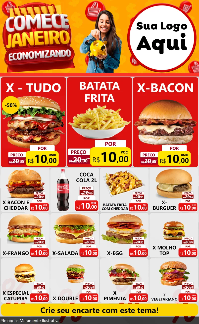 Modelo de Encarte para Encarte Grande com o tema Comece Janeiro Economizando para Hamburgueria