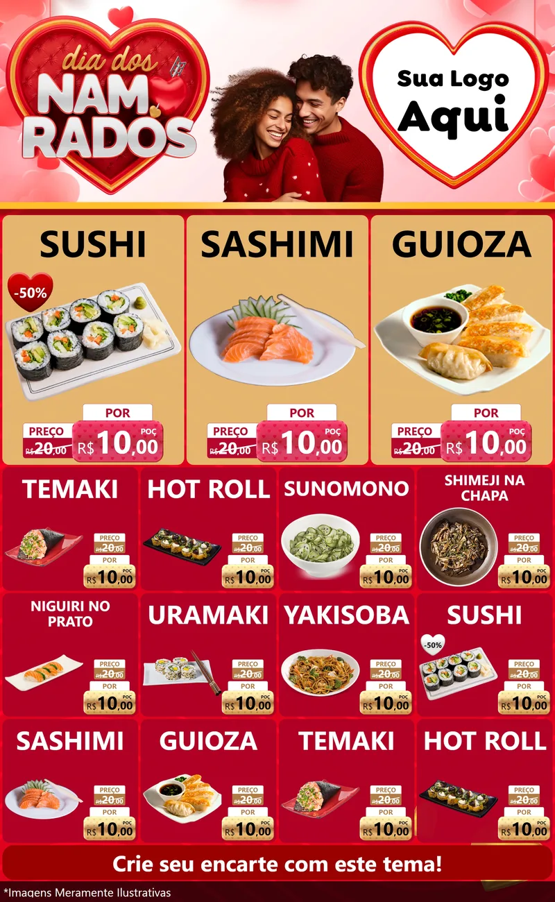 Modelo de Encarte para Encarte Grande com o tema Dia dos Namorados para Comida japonesa