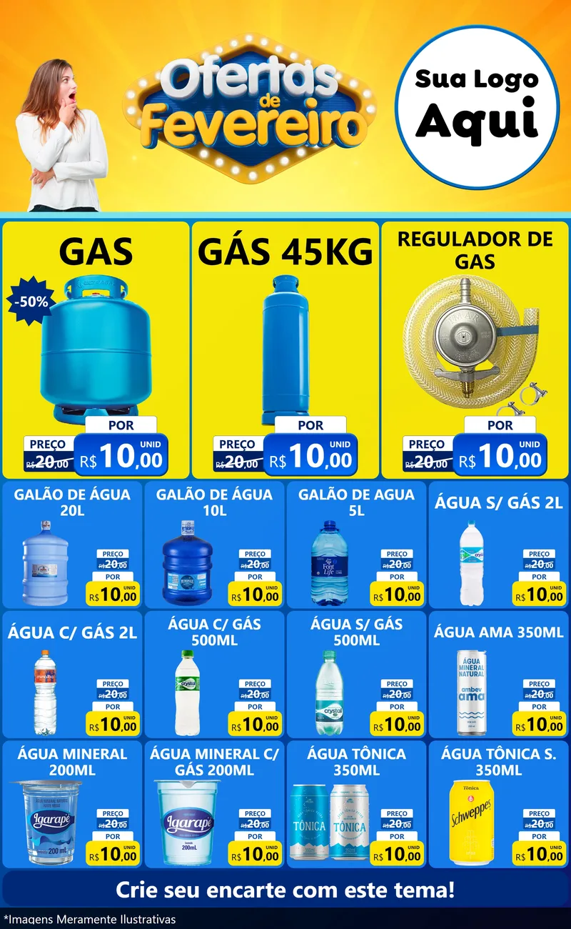Modelo de Encarte para Encarte Grande com o tema Ofertas de Fevereiro para Água e gás