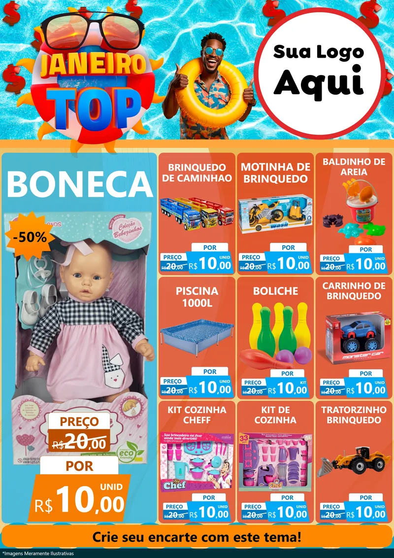 Modelo de Encarte para Encarte A4 Vertical com o tema Janeiro Top para Brinquedos