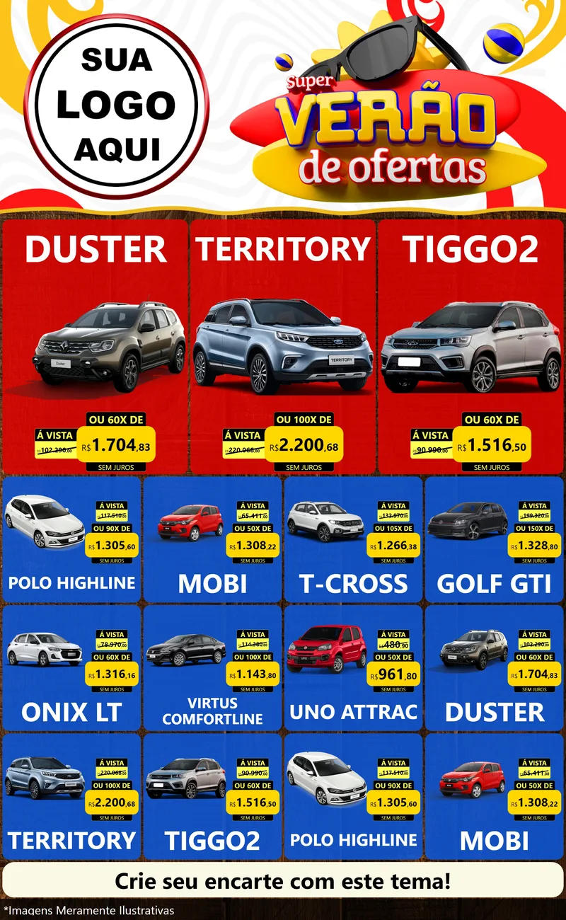 Modelo de Encarte para Encarte Grande com o tema Super Verão de Ofertas para Concessionaria de Carros