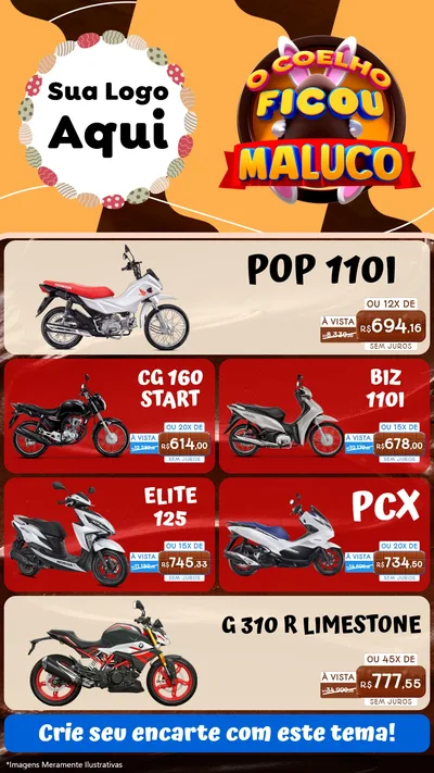 Modelo de TV para TV Vertical com o tema O Coelho Ficou Maluco - Páscoa para Concessionaria de Motos