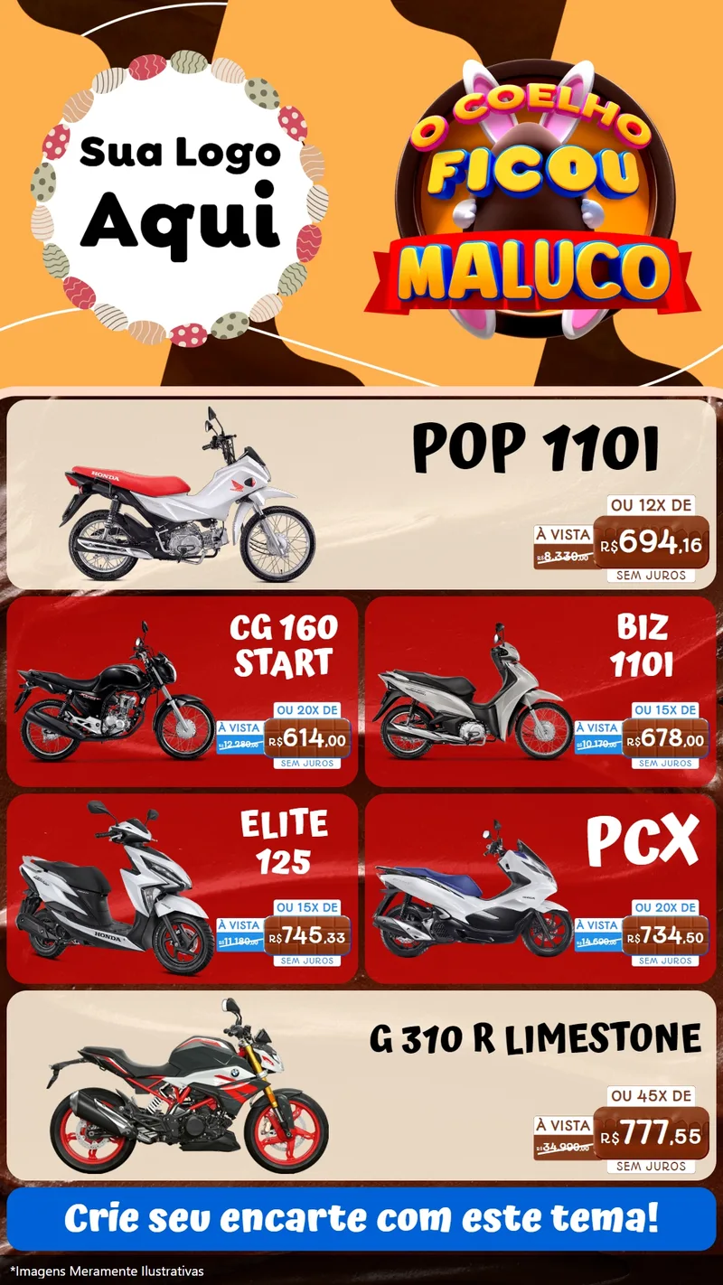 Modelo de TV para TV Vertical com o tema O Coelho Ficou Maluco - Páscoa para Concessionaria de Motos