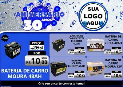 Modelo de Encarte para Encarte A4 Horizontal com o tema Promoção de Aniversário - 30 Anos para Baterias Elétricas