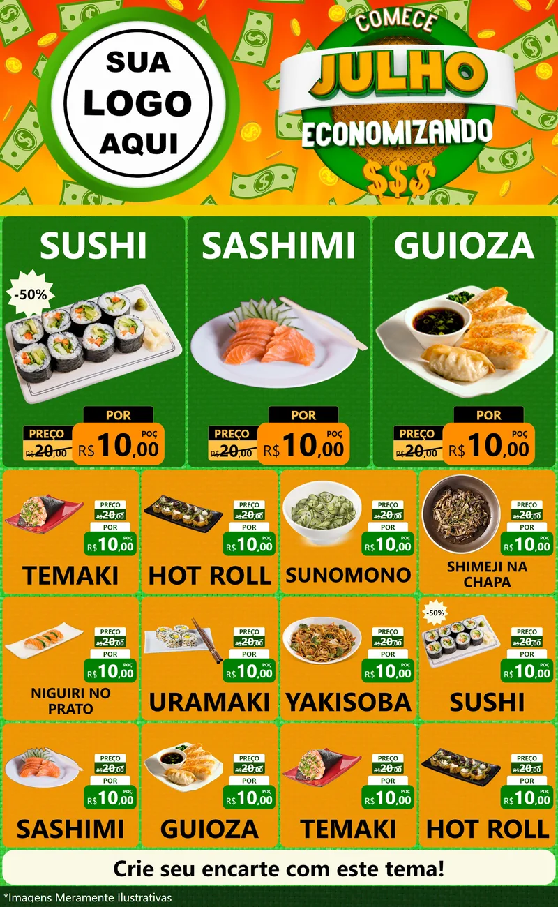 Modelo de Encarte para Encarte Grande com o tema Comece Julho Economizando para Comida japonesa