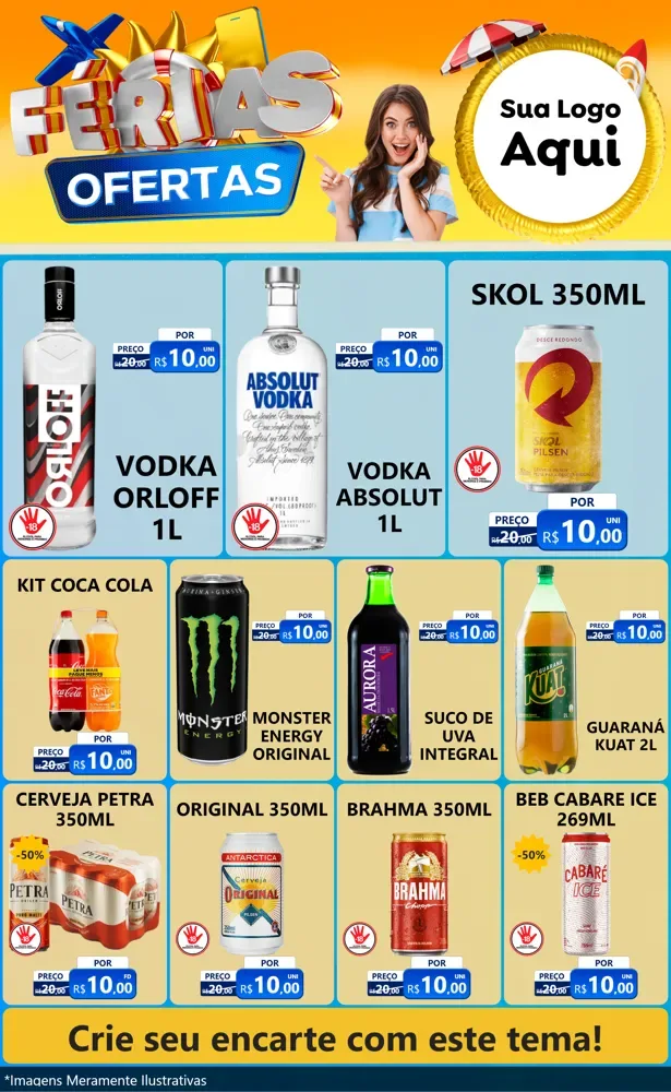 Modelo de Encarte para Encarte Grande com o tema Ofertas - Férias para Distribuidora de bebidas