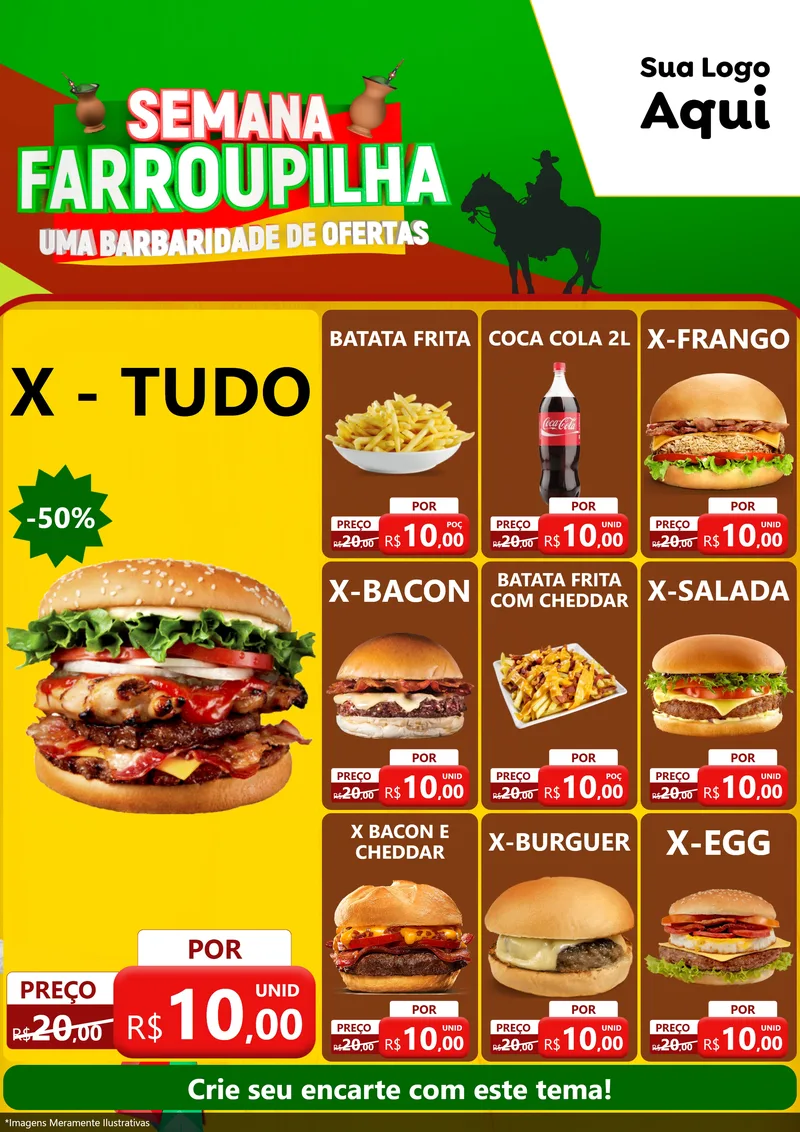 Modelo de Encarte para Encarte A4 Vertical com o tema Semana Farroupilha - Uma Barbaridade de Ofertas para Hamburgueria