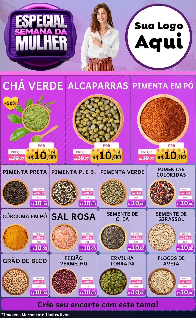 Modelo de Encarte para Encarte Grande com o tema Especial Semana da Mulher para Produtos Naturais