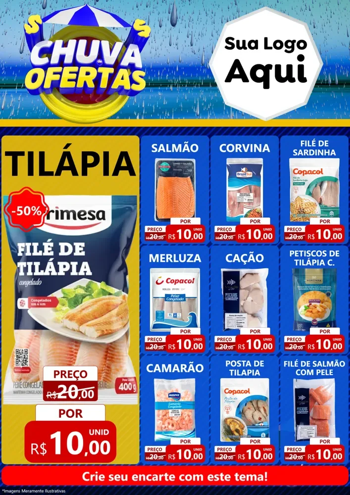 Modelo de Encarte para Encarte A4 Vertical com o tema Chuva de Ofertas para Peixaria