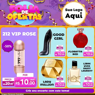 Modelo de Rede Social para Feed Facebook com o tema Folia de Ofertas para Perfumes
