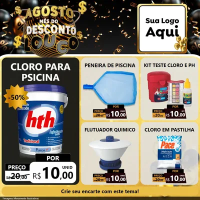 Modelo de Rede Social para Feed Facebook com o tema Agosto Mês do Desconto Louco para Produtos para Piscina