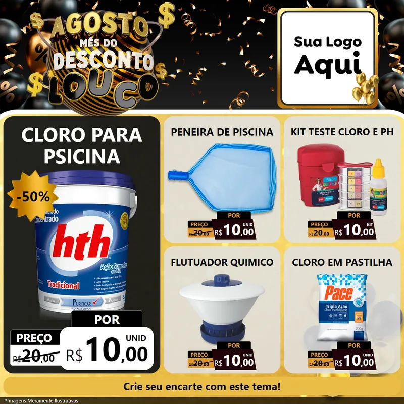 Modelo de Rede Social para Feed Facebook com o tema Agosto Mês do Desconto Louco para Produtos para Piscina